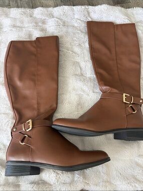ALDO Tall Buckle Riding Boots in Cognac Brown